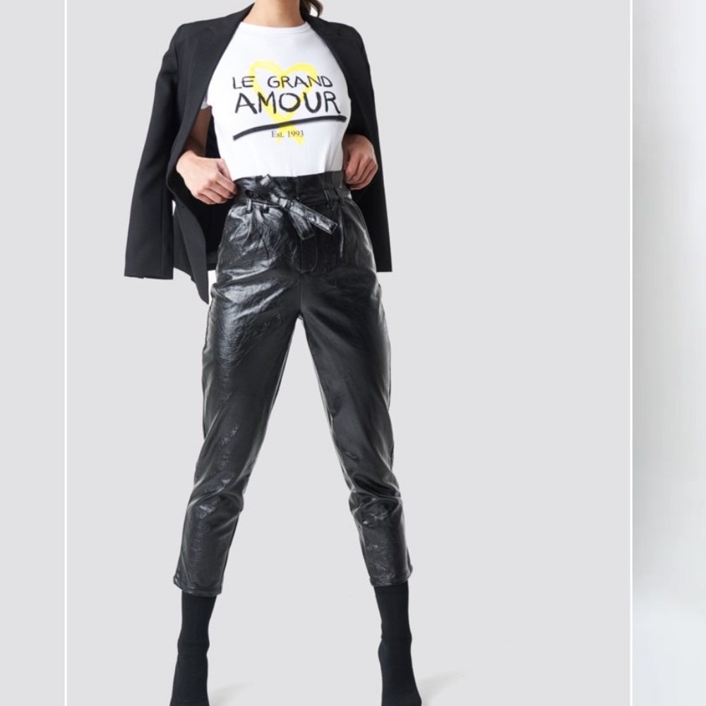NA-KD black paper bag waist patent leather pants